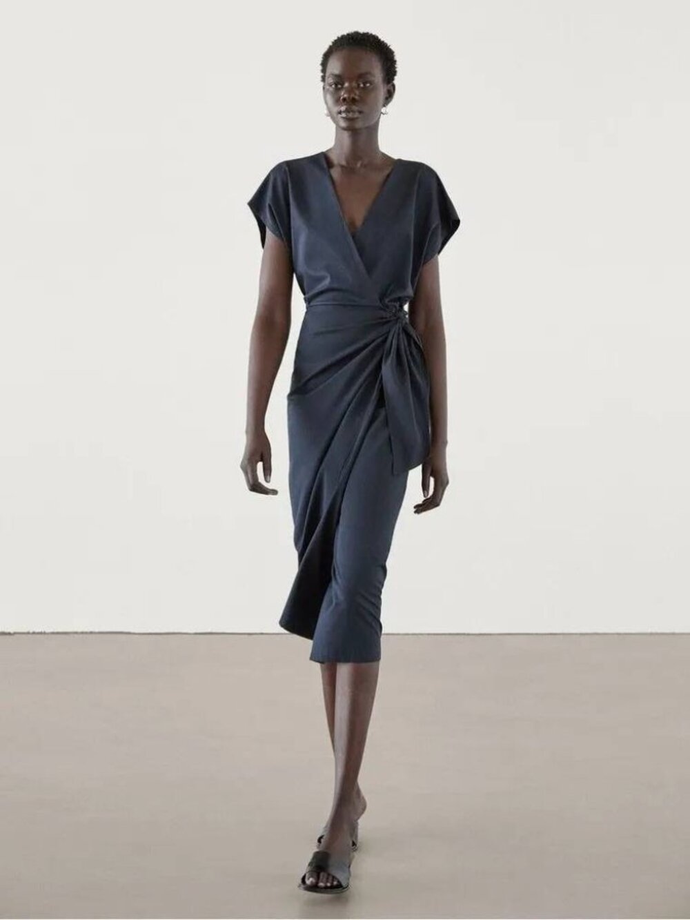 Massimo Dutti Navy Blue Midi Wrap Dress Size XS Cap Sleeve Belted 6620/931 NWT